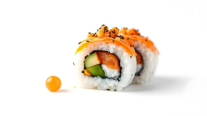 Freshly prepared colorful sushi rolls featuring salmon, avocado, and a vibrant orange topping, presented on a clean white background.
