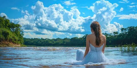 A girl in a white dress sitting by a river under blue skies
