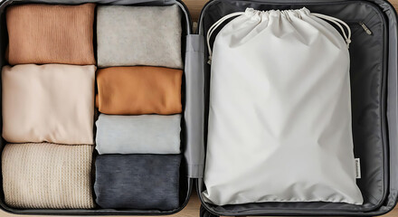 Organized Travel Packing Clothing Efficiently Arranged in Suitcase with Storage Pouch