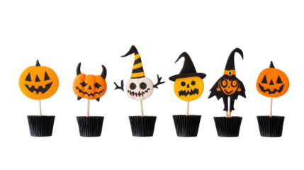 Halloween cupcake toppers shaped like monsters and witches background isolated on a Transparent background, PNG file.