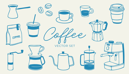 Coffee brewing tools, cups, beans and accessories set. Hand drawn modern minimalist flat vector illustration. Coffee shop and cafe concept for design and print