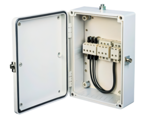 Open the industrial electrical junction box with terminal blocks on a transparent background