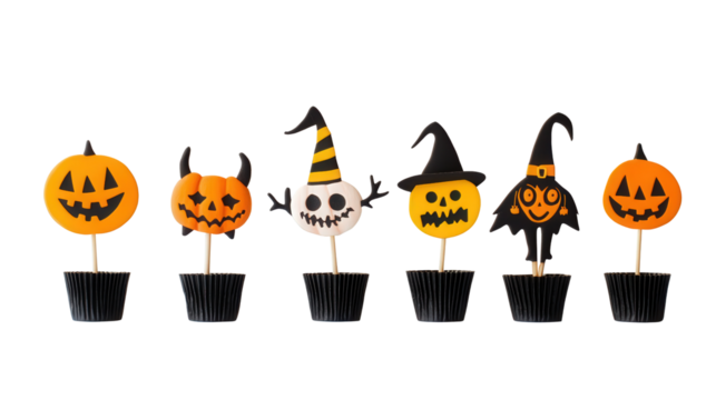 Halloween cupcake toppers shaped like monsters and witches background isolated on a Transparent background, PNG file.