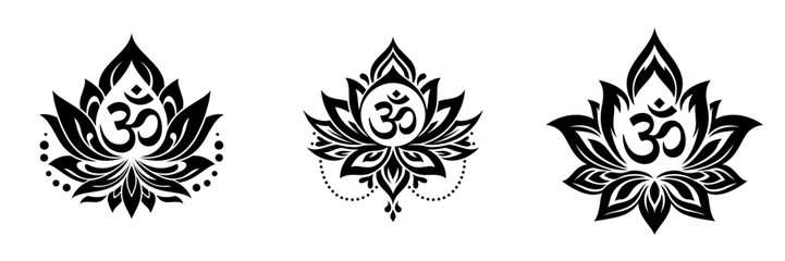 Set, Mandala lotus designs with Om symbol in artistic style for engraving, tattoo, stencil, or decorative printing, isolated on a transparent background