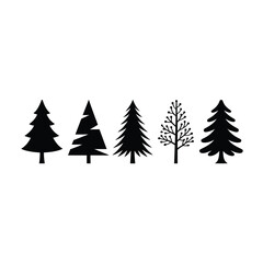 Collection of stylized black silhouette trees on a white background