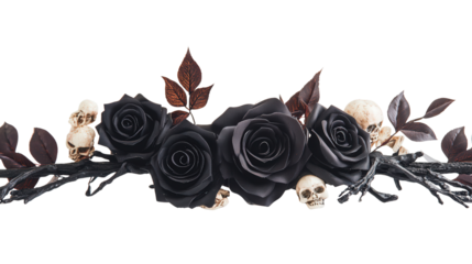 Halloween table centerpiece with black roses and bones background isolated on a Transparent background, PNG file.