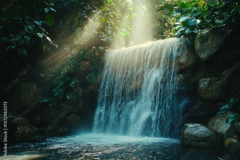 Poster cascading waterfall in a lush forest with sunbeams illuminating the serene atmosphere, waterfall cas
