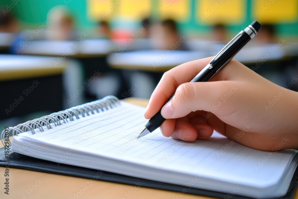 Poster student writing notes in notebook with classroom setting in background during a lesson, student hand