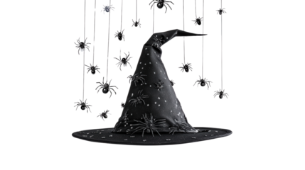 Floating witch hat with dangling spiders background isolated on a Transparent background, PNG file.