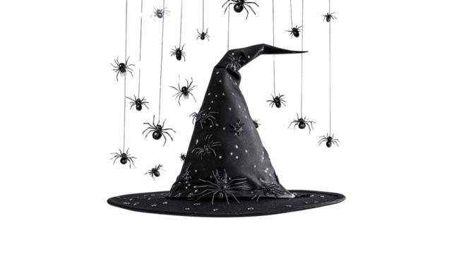 Floating witch hat with dangling spiders background isolated on a Transparent background, PNG file. - Powered by Adobe