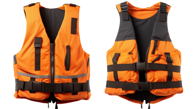 Two orange life vests sit isolated on transparent background ready for boating safety.