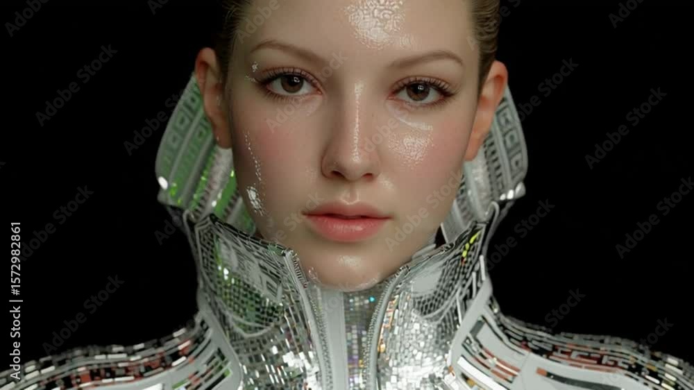 Poster futuristic portrait with reflective design and calm expression generative ai