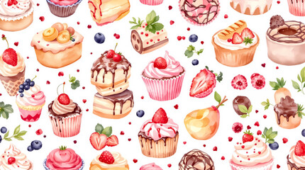 Watercolor seamless pattern with cupcakes