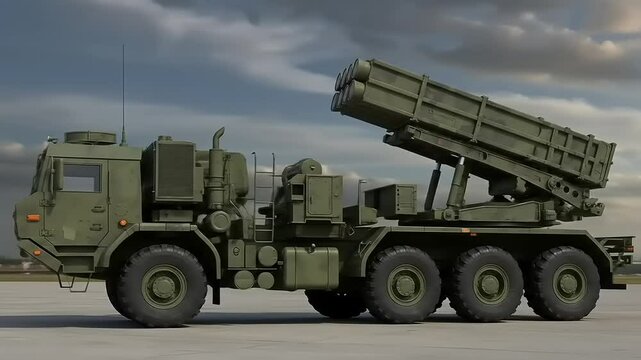Military transport vehicle equipped with missile launcher parked on an airstrip under cloudy skies