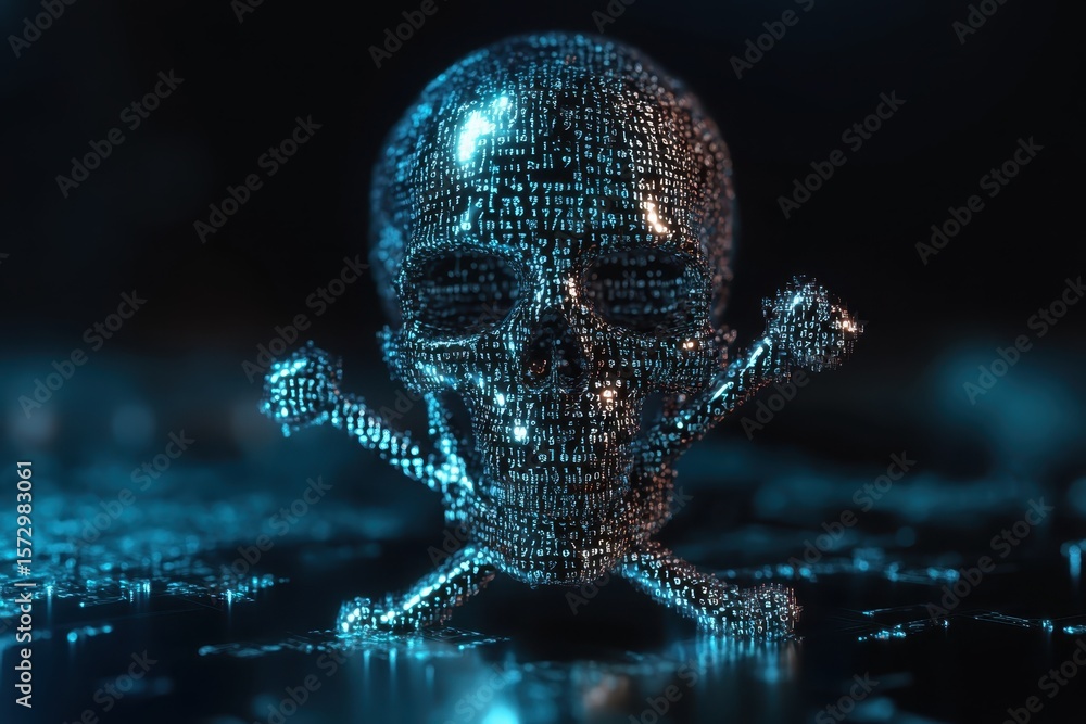 Poster digital skull and crossbones design representing cybersecurity threats and data breaches, digital sk
