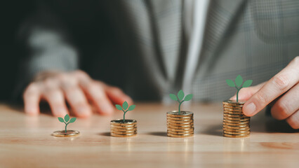 Coins stacked with small green sprouts and hand in suit showing concept of saving money investment...