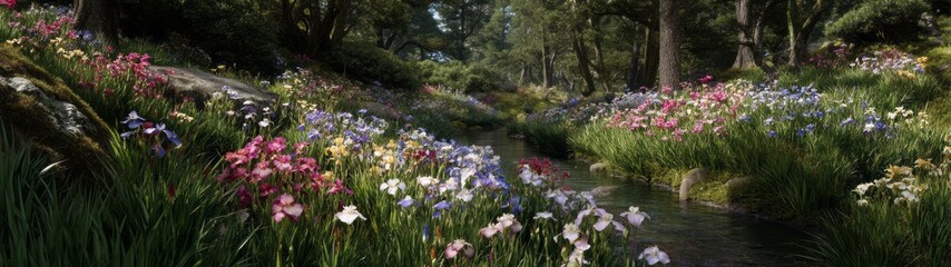 Fototapeta premium Nature blooms hdr 360 degrees flower stream in serene forest hdri