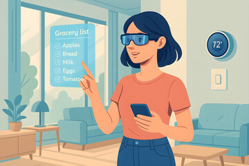 Woman using AR glasses to interact with grocery list in smart home living room – futuristic augmented reality technology.