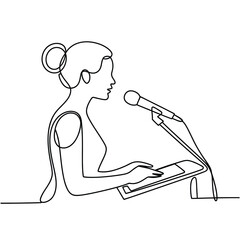 Woman speaker giving presentation at microphone with notes on podium