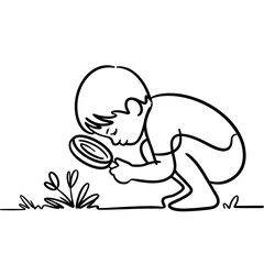Curious child crouching down examining a small plant with a magnifying glass