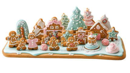 Holiday cookie decorating party menu with gingerbread theme background isolated on a Transparent background, PNG file.