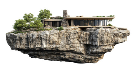 House built into rock cliffside with natural integration background isolated on a Transparent background, PNG file.