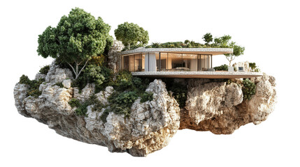 House built into rock cliffside with natural integration background isolated on a Transparent background, PNG file.