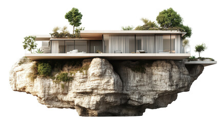 House built into rock cliffside with natural integration background isolated on a Transparent background, PNG file.