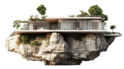 House built into rock cliffside with natural integration background isolated on a Transparent background, PNG file.