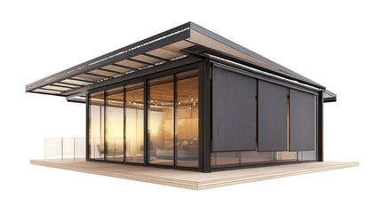 House with retractable walls and solar shade system background isolated on a Transparent background, PNG file.