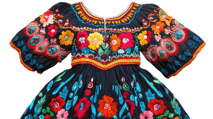 Hungarian Maty dress with vivid floral embroidery background isolated on a Transparent background, PNG file.