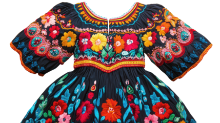 Hungarian Maty dress with vivid floral embroidery background isolated on a Transparent background, PNG file.