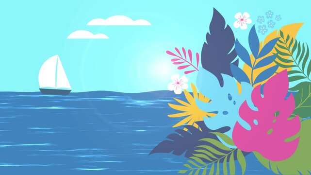 Animated illustration on the theme of summer, holiday, travel, tropic vibe. Sailboat on the horizon