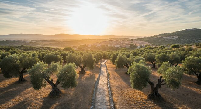 Olive Trees Pathway at Sunset - Powered by Adobe