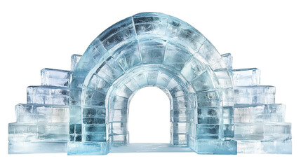 Ice hotel-inspired structure with clear ice blocks background isolated on a Transparent background, PNG file.