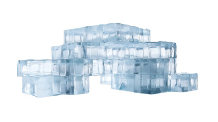 Ice hotel-inspired structure with clear ice blocks background isolated on a Transparent background, PNG file.