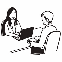 A man and a woman are sitting at a desk with a laptop and a book. The woman is smiling and the man is looking at her. The scene seems to be a work meeting or a casual conversation between the two