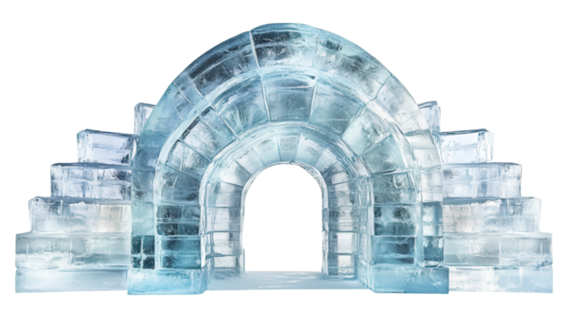 Ice hotel-inspired structure with clear ice blocks background isolated on a Transparent background, PNG file.