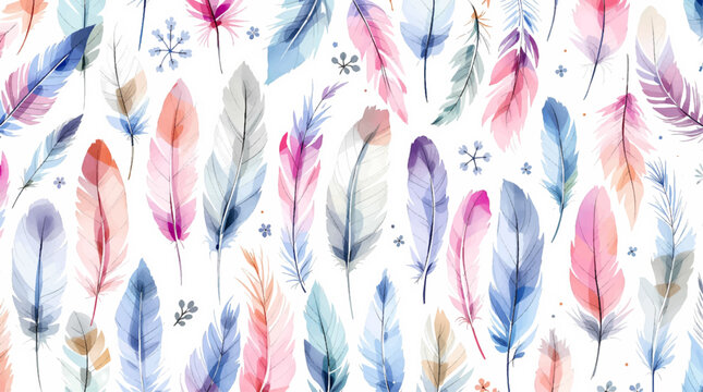 Watercolor feathers pattern on white background