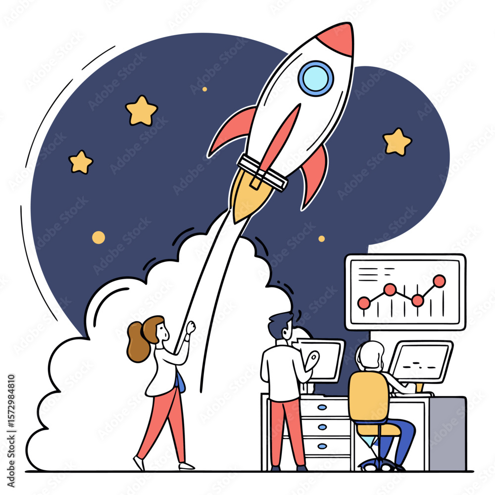 Aufkleber a team of people launch a rocket into the night sky with stars and a graph showing upward growth on 