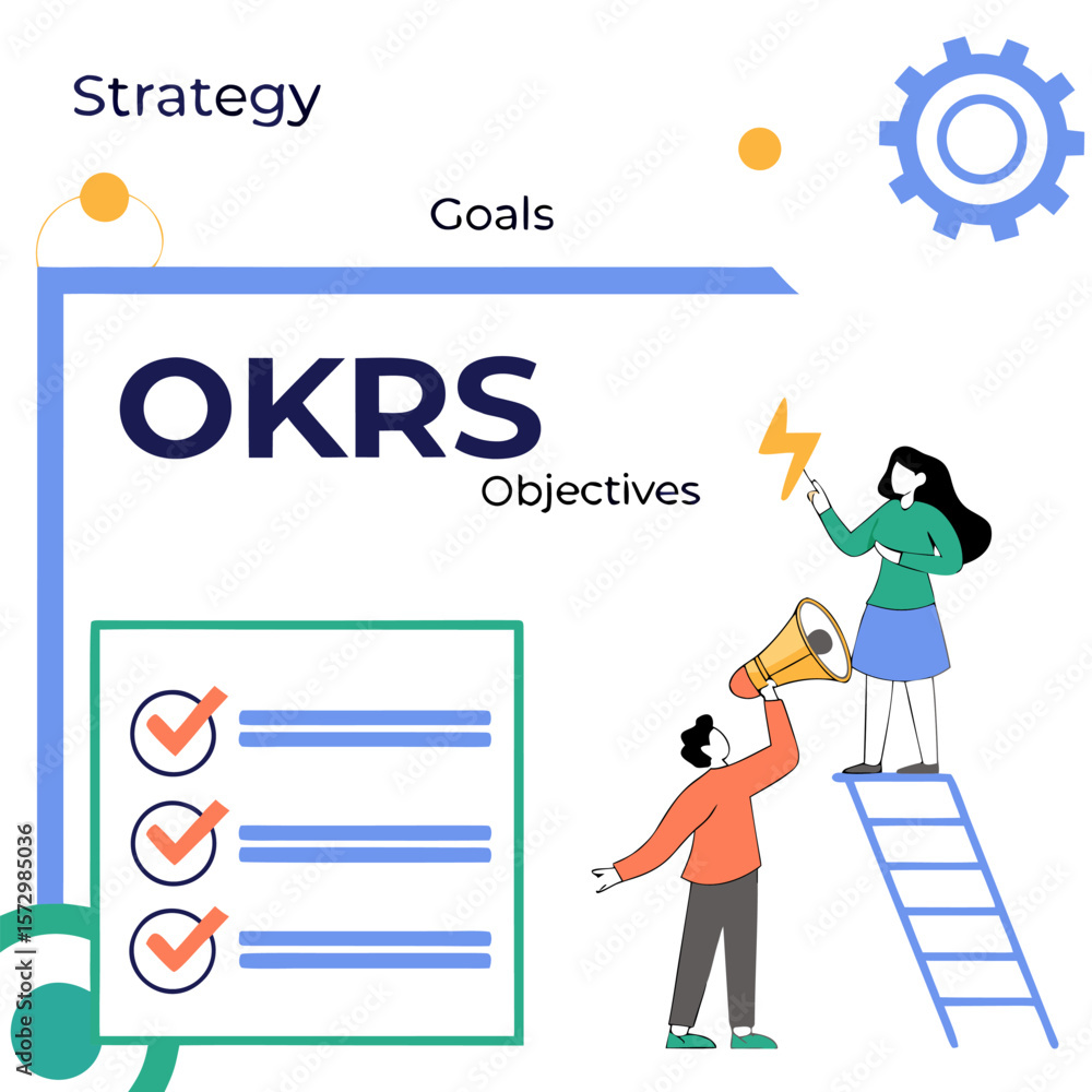 Poster illustrating the core components of objectives and key results okrs including strategy goals and obj