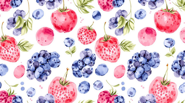 A seamless Easter pattern featuring colorful eggs decorated with fresh strawberries and mixed berries on a white background