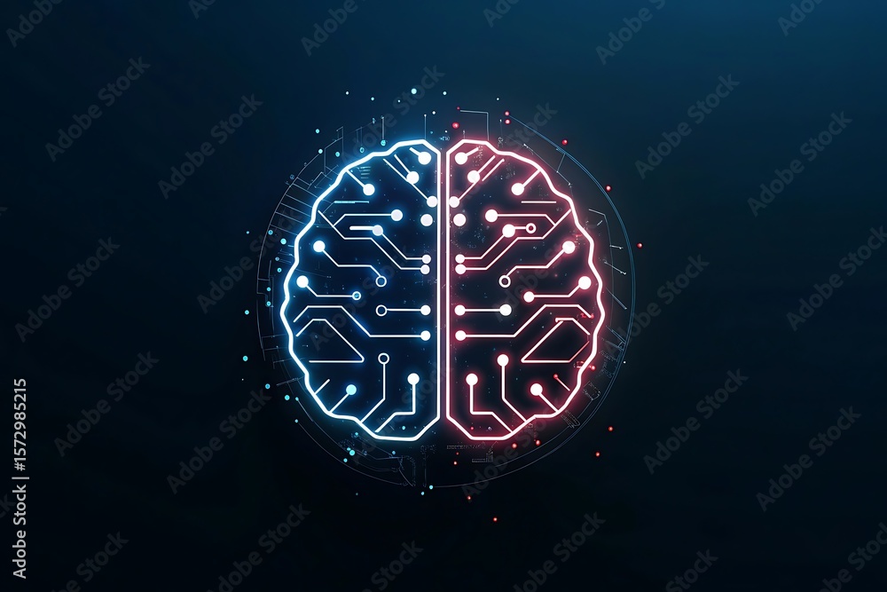 Poster futuristic circuit tree with glowing neon pink and blue lights, symbolizing technology, ai, and digi