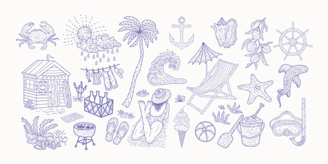 Beachy Italian summer vacation doodle style illustrations. Vector ink hand drawn Italy coast sea or beach print elements. Sea weekend rest collection for invitation card to beach party, picnic