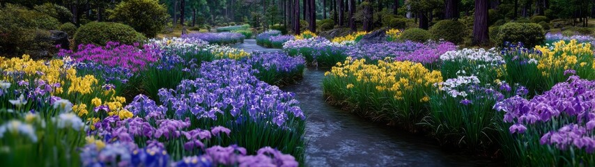 Obraz premium Vibrant flowering stream nature park hdr 360 degrees hdri view