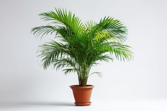 Fototapeta Potted palm plant in pot on white backdrop for interiors, nature themes