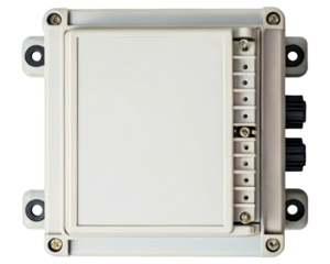 Outdoor waterproof electrical junction box with sealed cover on a transparent background