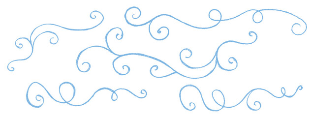 Christmas swirly vector ornaments drawn in pastel wax on chalkboard like by children. Winter blue elements. Cute doodle style with charcoal squiggle, perfect for school and kindergarten themes.