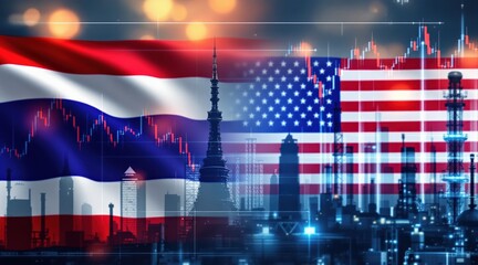Abstract digital collage featuring flags of Thailand and the USA overlaid on a cityscape.