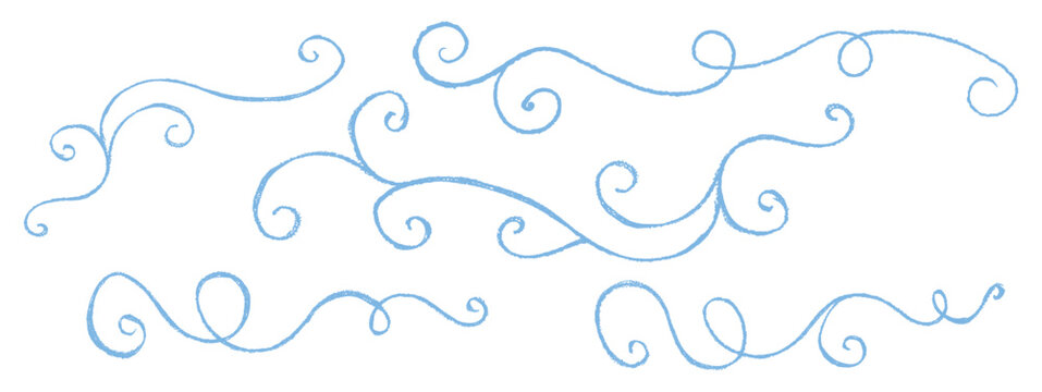 Christmas swirly vector ornaments drawn in pastel wax on chalkboard like by children. Winter blue elements. Cute doodle style with charcoal squiggle, perfect for school and kindergarten themes.